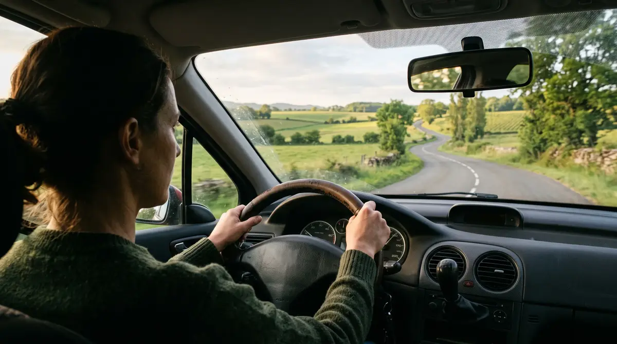Une personne conduit sur une route de campagne lors de son trajet quotidien